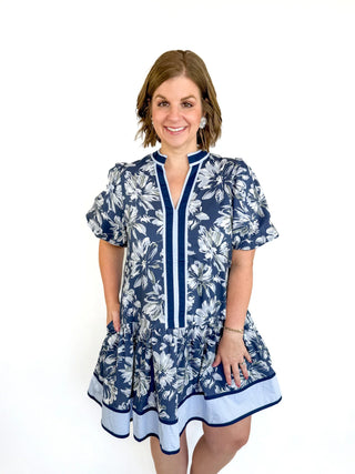 Navy Floral Puff Sleeve Dress - SLS Wares