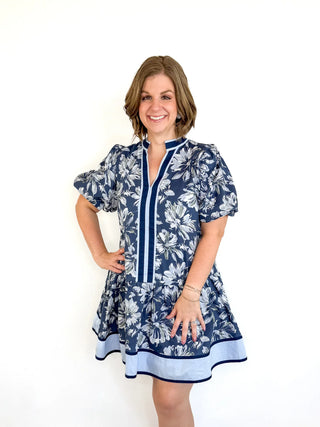 Navy Floral Puff Sleeve Dress - SLS Wares