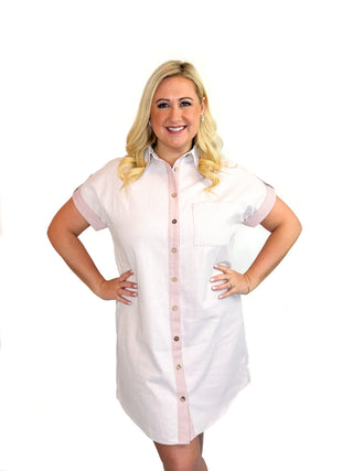 Pink Drop Shoulder Button-Front Shirt Dress - SLS Wares