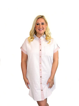 Pink Drop Shoulder Button-Front Shirt Dress - SLS Wares