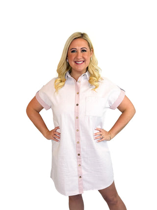 Pink Drop Shoulder Button-Front Shirt Dress - SLS Wares