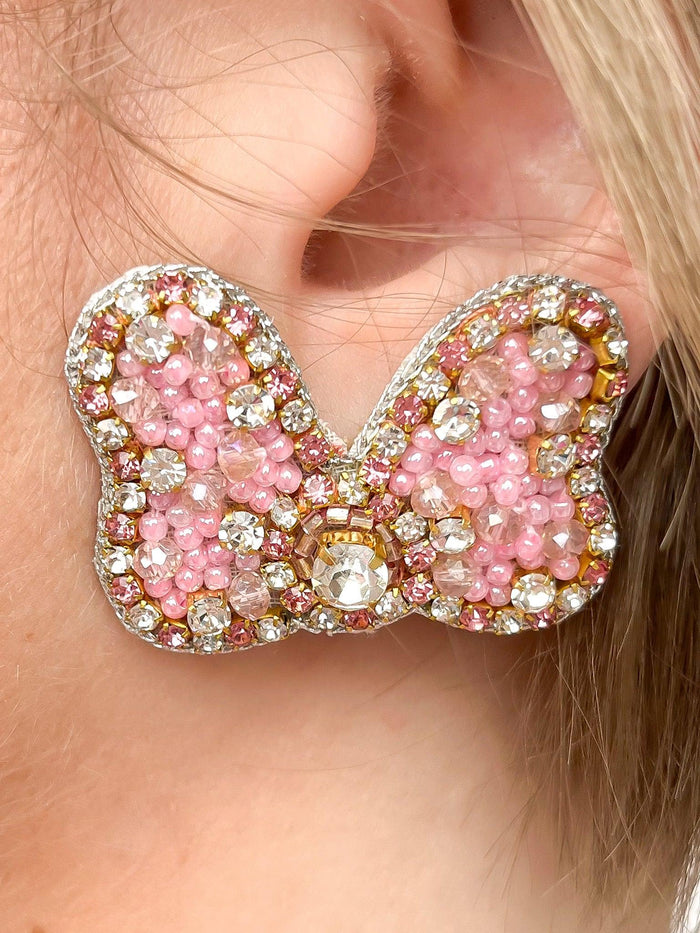 Pink Pearl & Rhinestone Bow Stud Earrings - SLS Wares