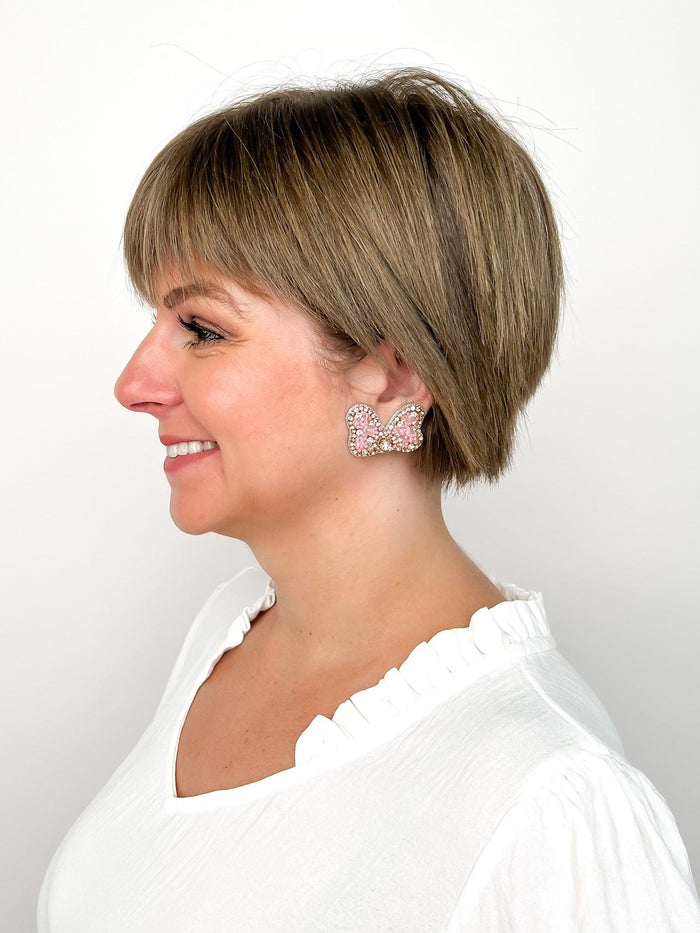 Pink Pearl & Rhinestone Bow Stud Earrings - SLS Wares