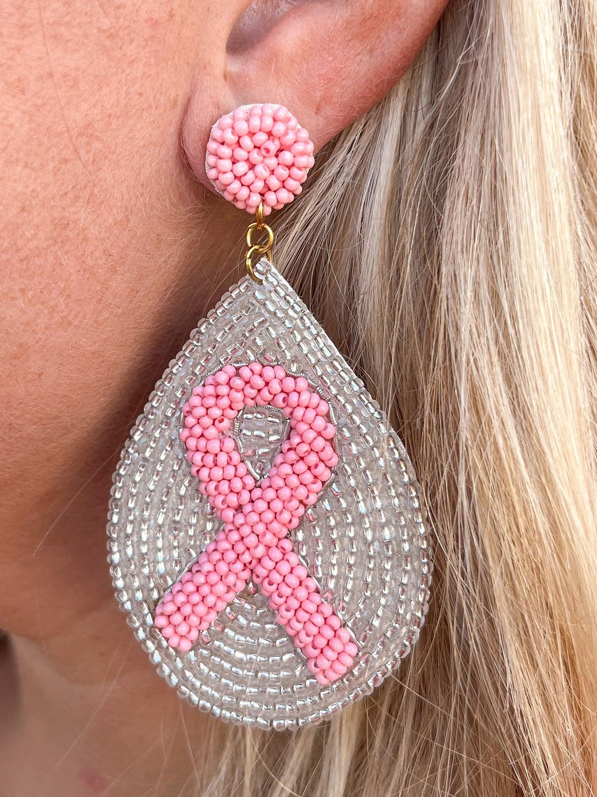 Pink Ribbon Beaded Earrings - SLS Wares