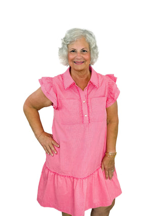 Pink Ruffle Pinstripe Drop Waist Dress - SLS Wares
