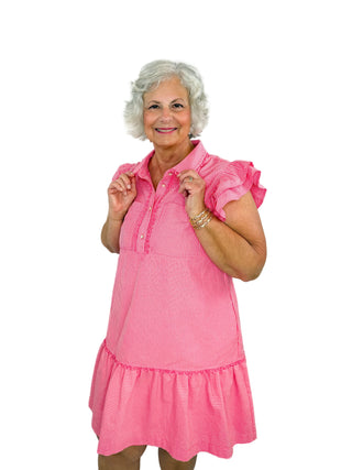 Pink Ruffle Pinstripe Drop Waist Dress - SLS Wares