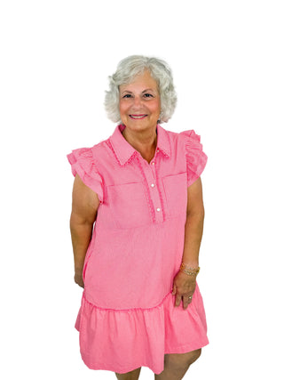 Pink Ruffle Pinstripe Drop Waist Dress - SLS Wares