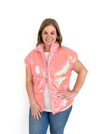Pink Sequin Puffer Vest Try On Video - SLS Wares