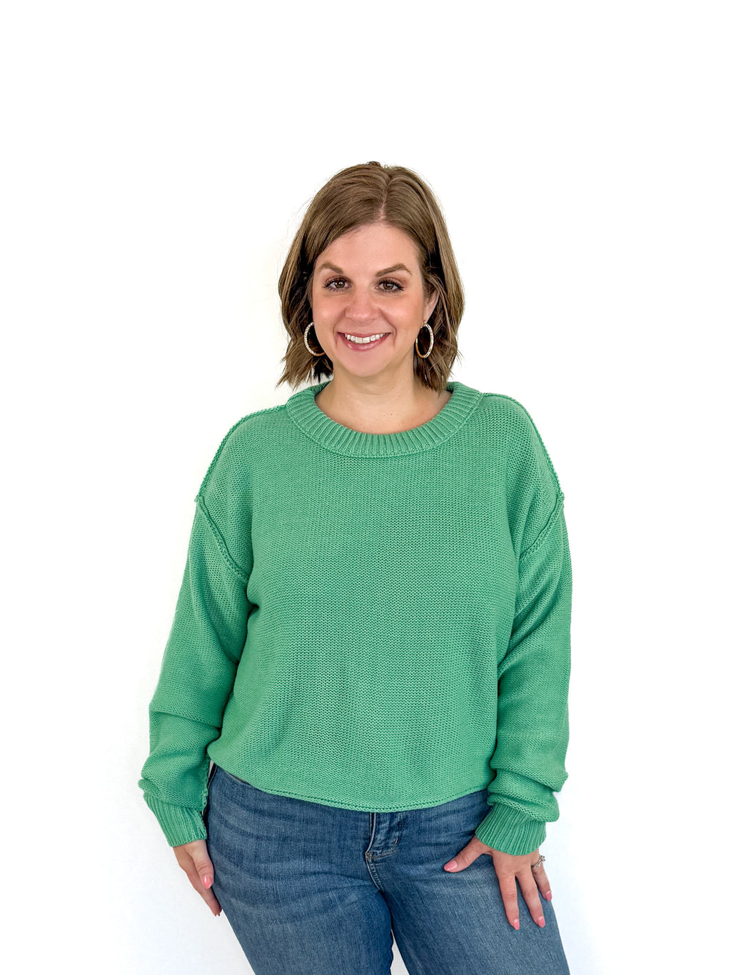 Emerald Green Cropped Relaxed Fit Sweater Try On Video - SLS Wares