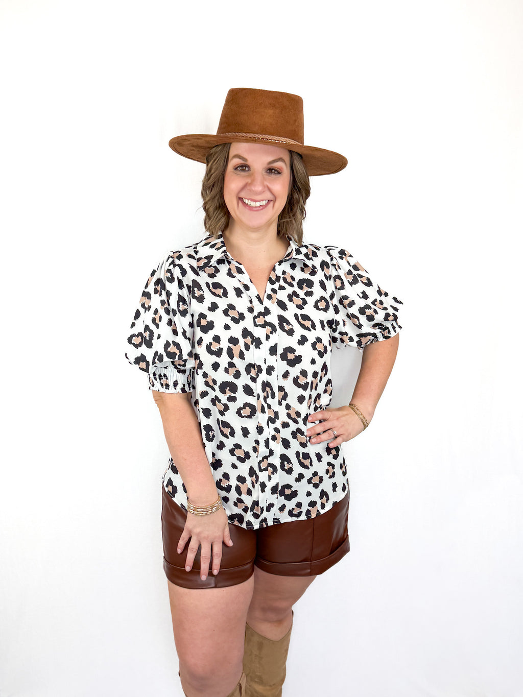 Leopard V Neck Smocked Sleeve Top Try On Video - SLS Wares