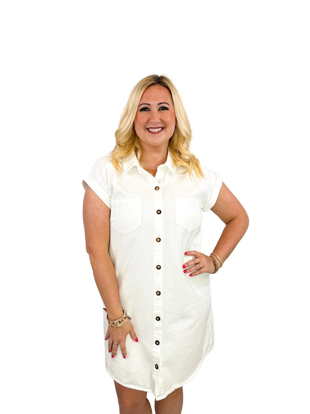 White Washed Twill Button-Down Shirt Dress