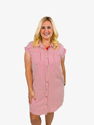 Classic Red & White Striped Button - Down Shirt Dress Try On Video - SLS Wares