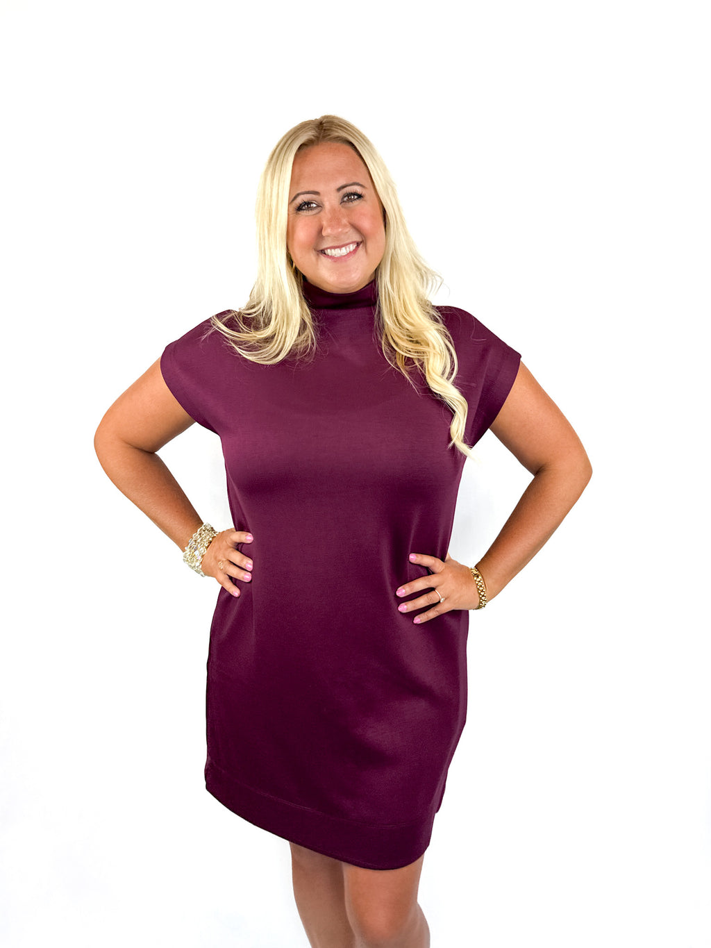 Wine Jersey Knit Mock Neck Dress Try On Video - SLS Wares