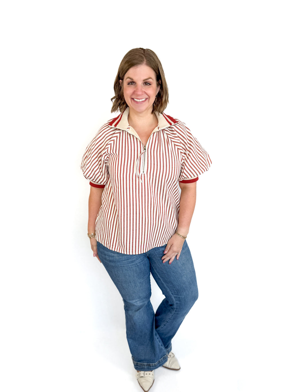 Brick White Striped Puff Sleeve Top Try On Video - SLS Wares