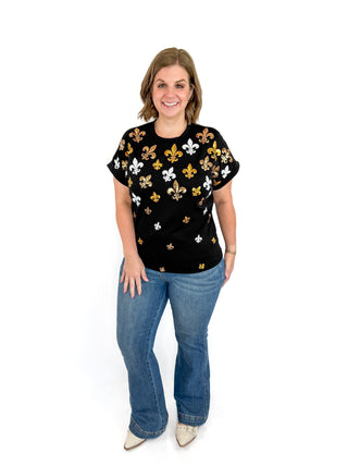 Tiny Sequin Fleur de Lis Cuff Sleeve Top Try On Video - SLS Wares