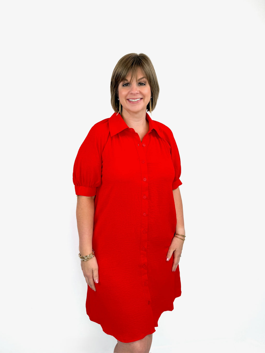 Red Puff Sleeve Button Down Shirt Dress Try On Video - SLS Wares