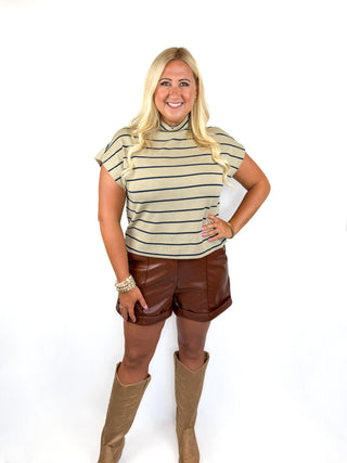 Taupe Striped Mock Neck Cap Sleeve Top Try On Video - SLS Wares