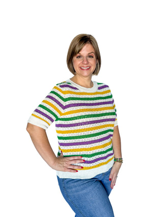 Mardi Gras Elbow Sleeve Stripe Top Try On Video - SLS Wares