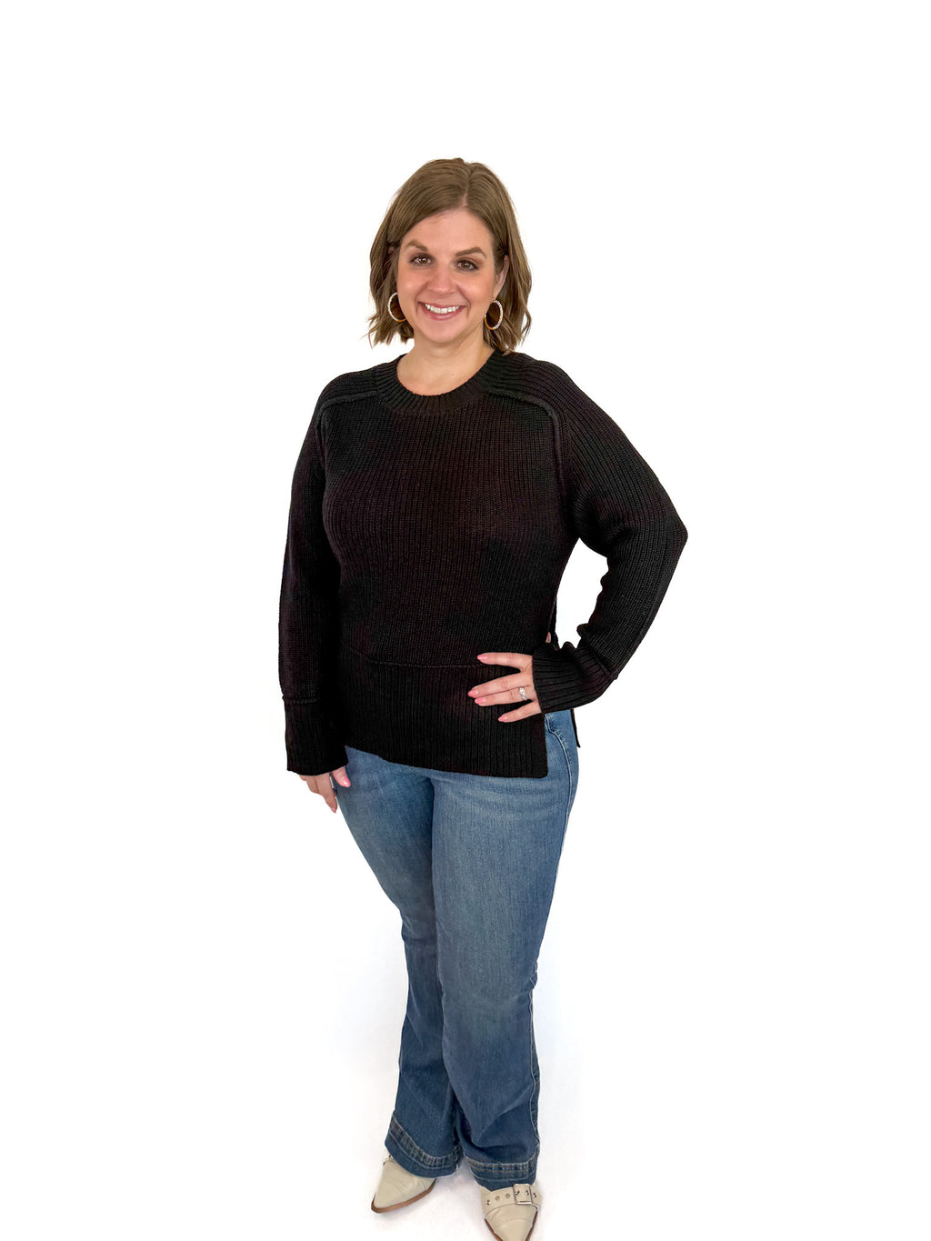 Black Ribbed Side Slit Sweater Try On Video - SLS Wares