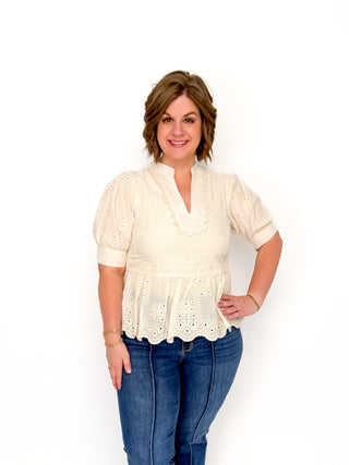 Natural Embroidered Scallop Trim Top Try On Video - SLS Wares