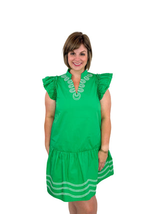 Kelly Green Embroidered Drop Waist Ruffle Dress Try On Video - SLS Wares