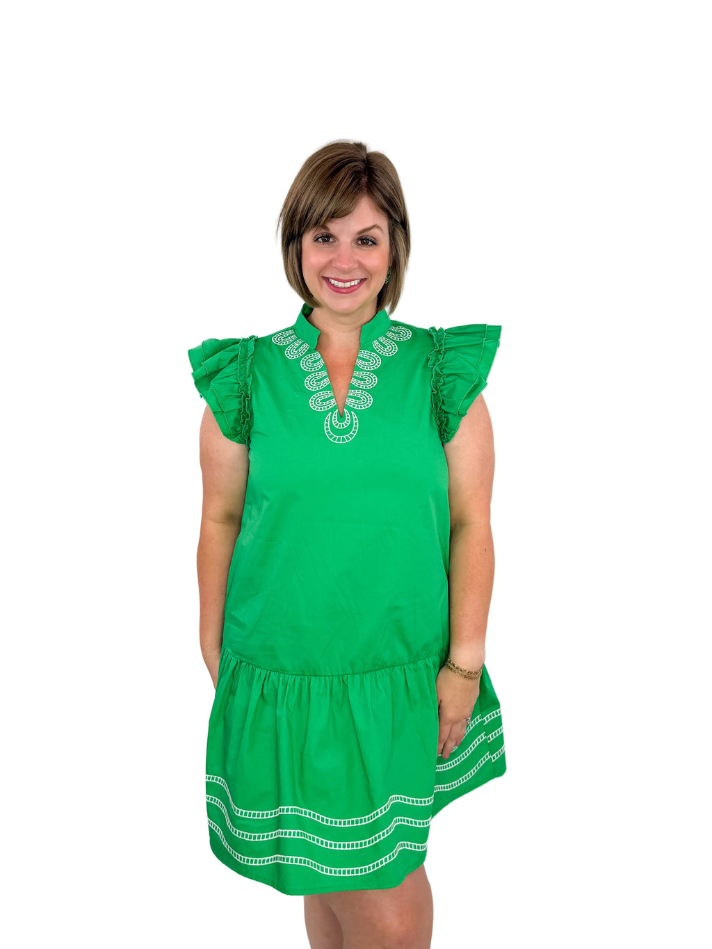 Kelly Green Embroidered Drop Waist Ruffle Dress Try On Video - SLS Wares