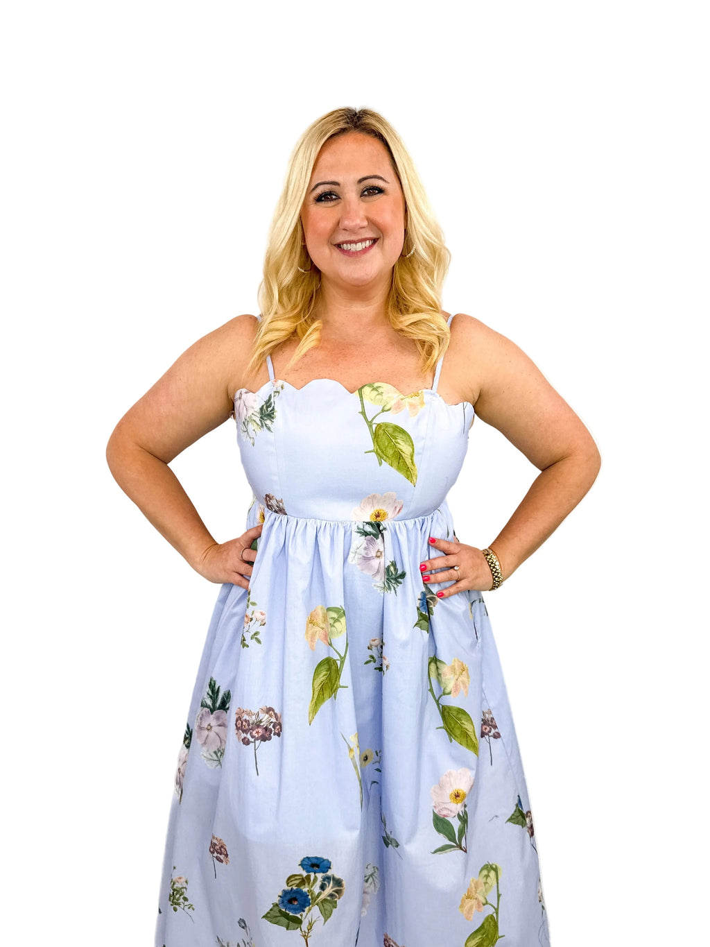 Blue Floral Scallop Neck Tie-Back Midi Dress Try On Video - SLS Wares
