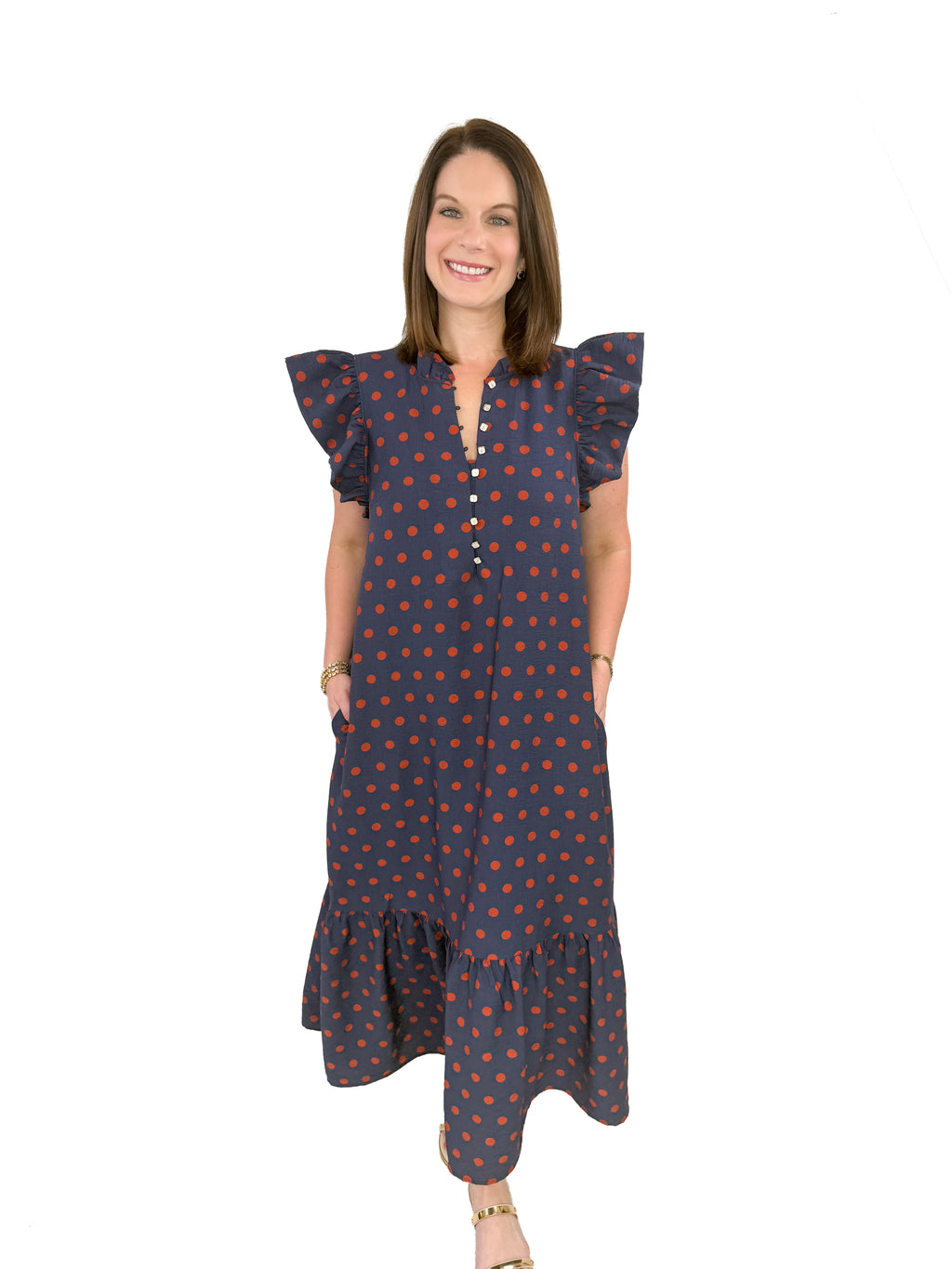 Navy & Rust Polka Dot Ruffle Maxi Dress Try On Video - SLS Wares