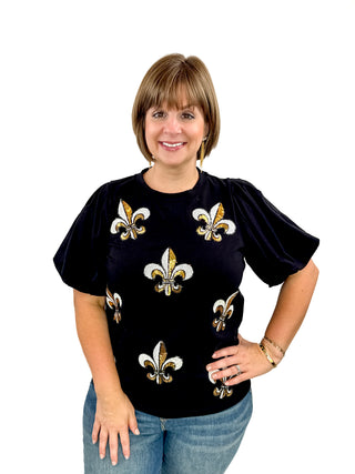 Sequin Fleur De Lis Puff Sleeve Top Try On Video - SLS Wares
