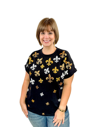 Tiny Sequin Fleur De Lis Cuff Sleeve Top Try On Video - SLS Wares