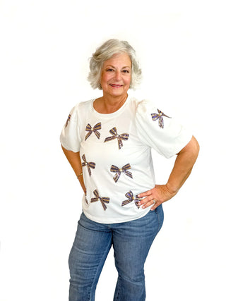 Purple & Gold Sequin Bow Puff Sleeve Top - SLS Wares