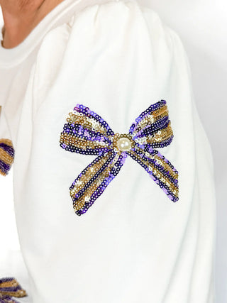 Purple & Gold Sequin Bow Puff Sleeve Top - SLS Wares