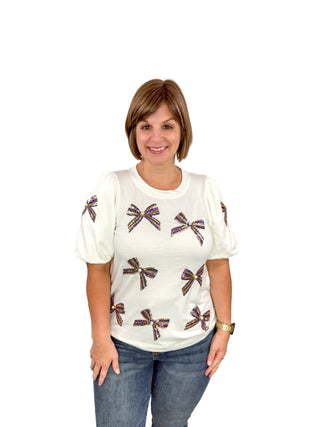 Purple & Gold Sequin Bow Puff Sleeve Top - SLS Wares