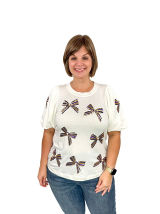 Purple & Gold Sequin Bow Puff Sleeve Top - SLS Wares