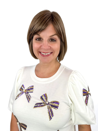 Purple & Gold Sequin Bow Puff Sleeve Top - SLS Wares