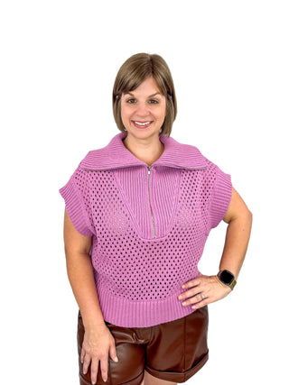 Purple Half-Zip Pointelle Knit Sweater Top - SLS Wares
