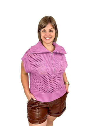 Purple Half-Zip Pointelle Knit Sweater Top - SLS Wares