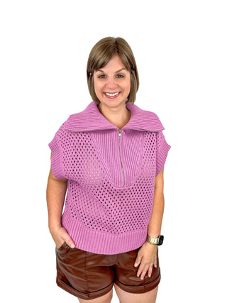 Purple Half-Zip Pointelle Knit Sweater Top - SLS Wares