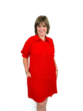 Red Puff Sleeve Button Down Shirt Dress - SLS Wares