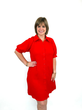 Red Puff Sleeve Button Down Shirt Dress - SLS Wares