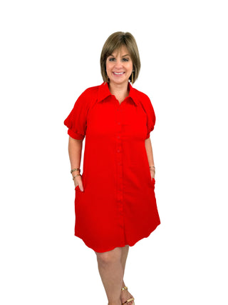 Red Puff Sleeve Button Down Shirt Dress - SLS Wares