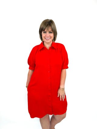 Red Puff Sleeve Button Down Shirt Dress - SLS Wares