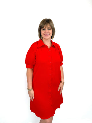 Red Puff Sleeve Button Down Shirt Dress - SLS Wares