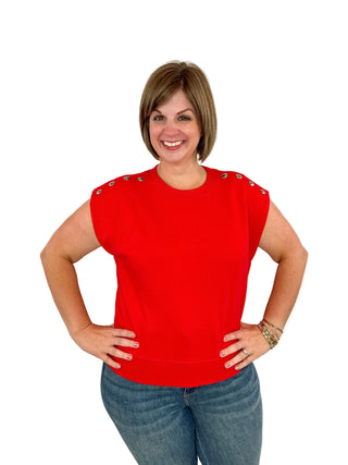 Red Studded Shoulder Cap Sleeve Pullover Top - SLS Wares