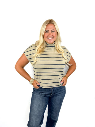 Taupe Striped Mock Neck Cap Sleeve Top - SLS Wares