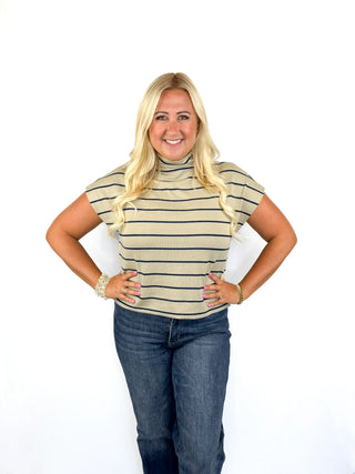 Taupe Striped Mock Neck Cap Sleeve Top - SLS Wares