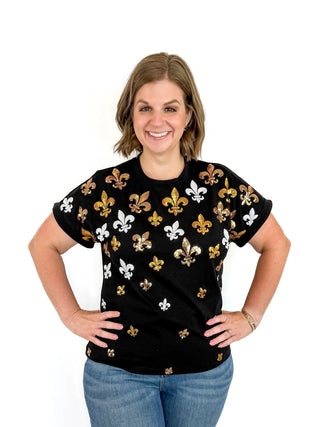 Tiny Sequin Fleur De Lis Cuff Sleeve Top - SLS Wares