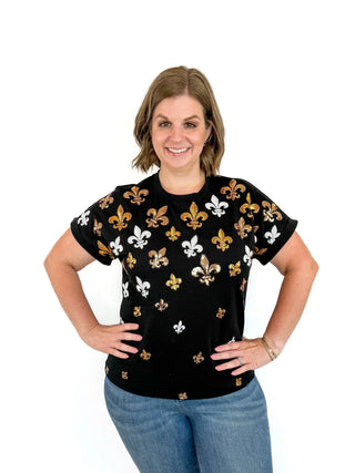 Tiny Sequin Fleur De Lis Cuff Sleeve Top - SLS Wares