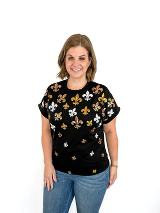 Tiny Sequin Fleur De Lis Cuff Sleeve Top - SLS Wares