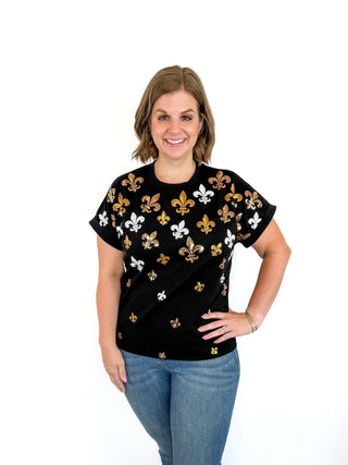 Tiny Sequin Fleur De Lis Cuff Sleeve Top - SLS Wares